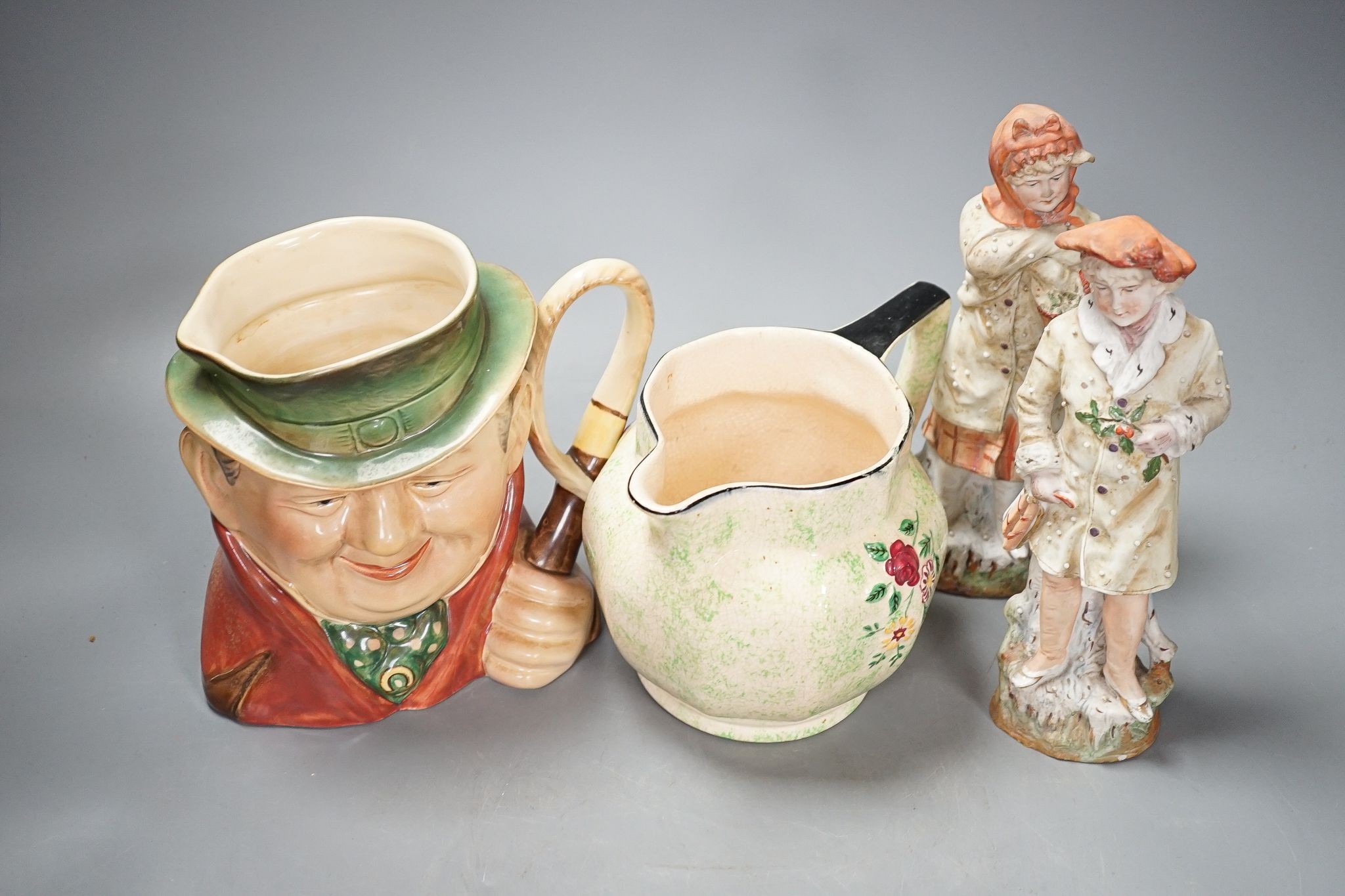 A Royal Doulton character jug and 6 other pieces including a Staffordshire figure group, tallest 25cm